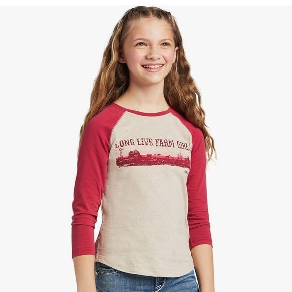 ARIAT Girls' R.E.A.L Long Live Farm Graphic Sleeve Baseball Tee Oatmeal Medium - Picture 1 of 5